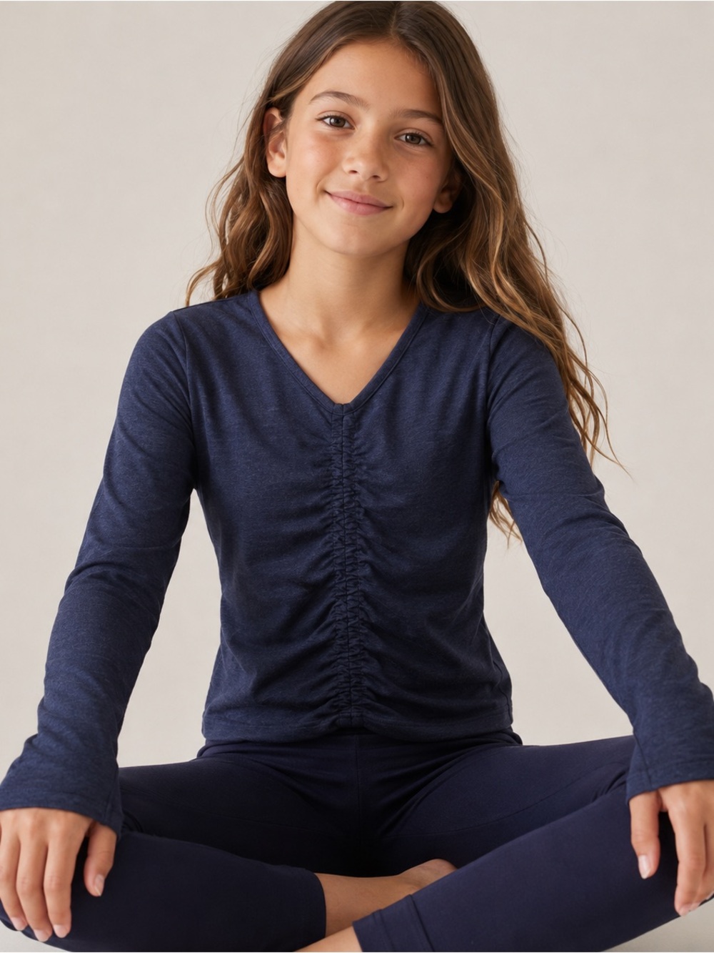 Athleta Girl Downtime Ruched Long Sleeve Top Heather Blue Size L 12 Thumbholes
